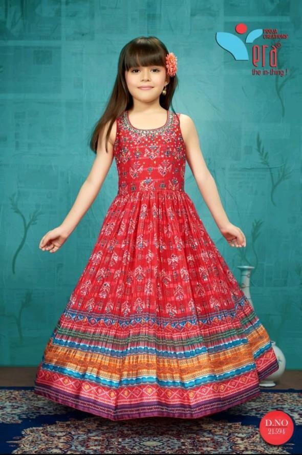 Jiyara Red Catton Kali Anarkali dress Set of 3 for kids